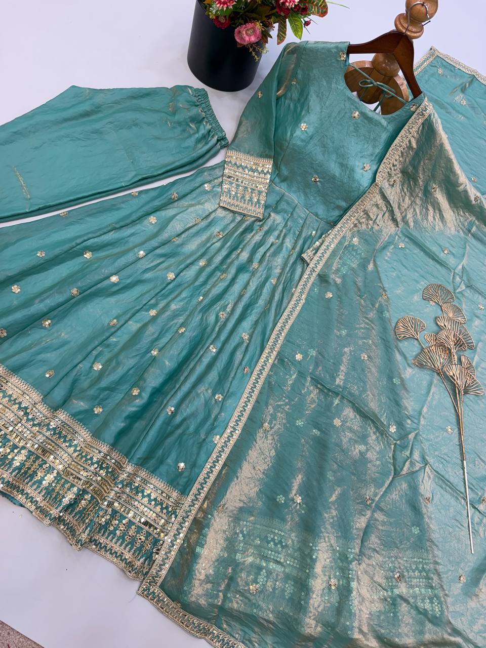 Designer Heavy Fendy Silk Gown Pant Dupatta Set