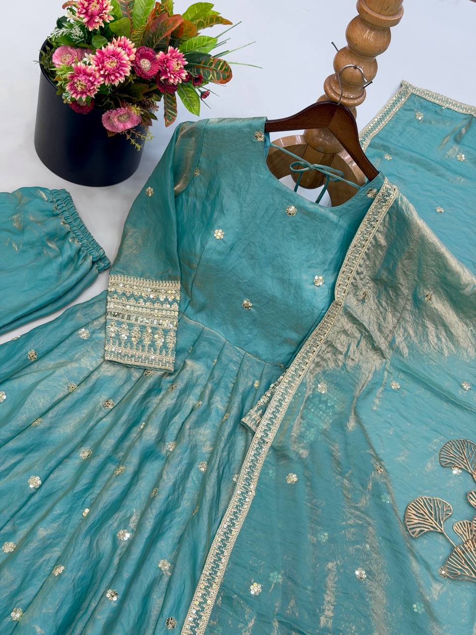 Designer Heavy Fendy Silk Gown Pant Dupatta Set