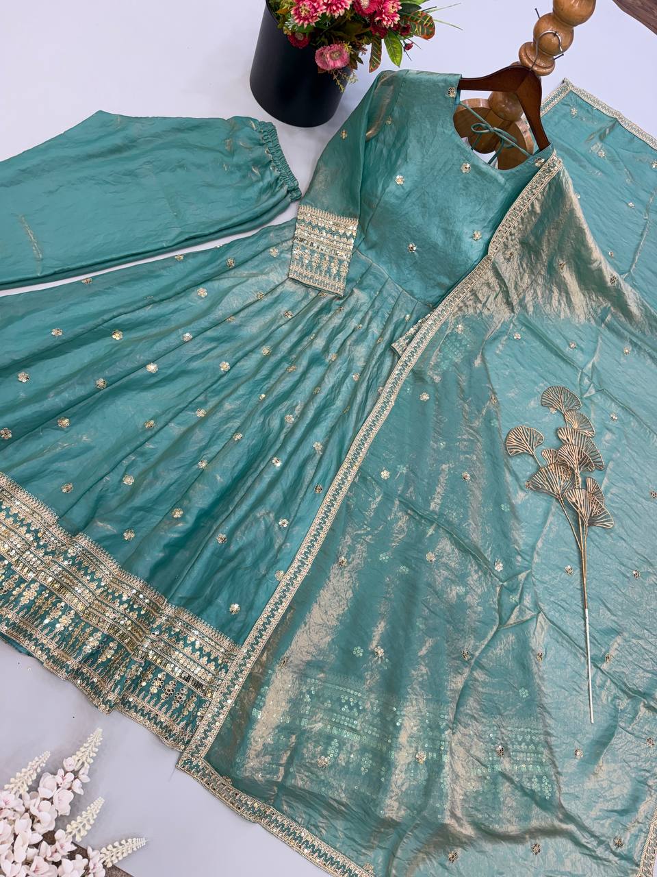 Designer Heavy Fendy Silk Gown Pant Dupatta Set