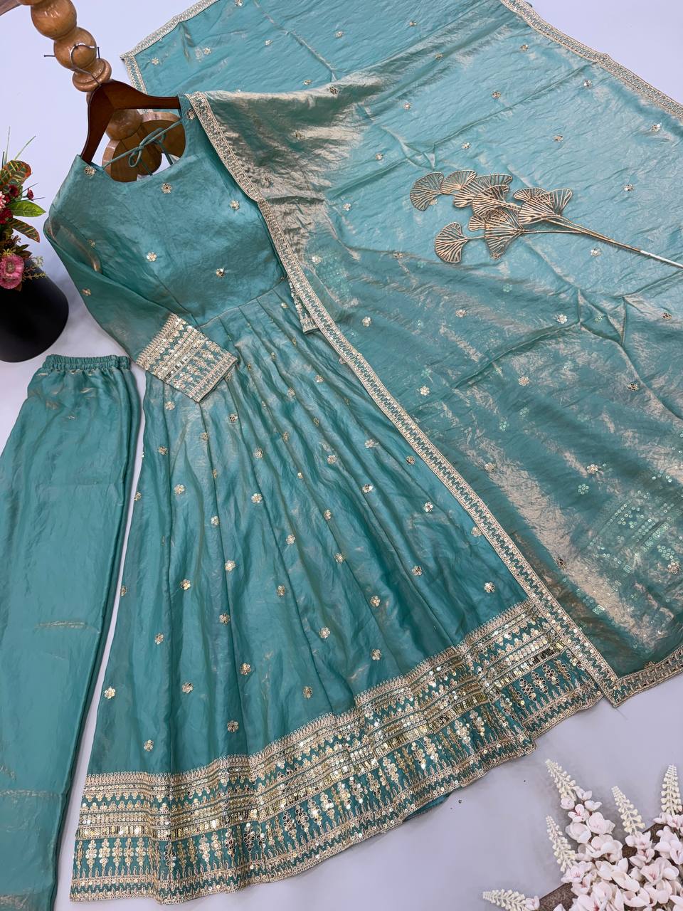 Designer Heavy Fendy Silk Gown Pant Dupatta Set