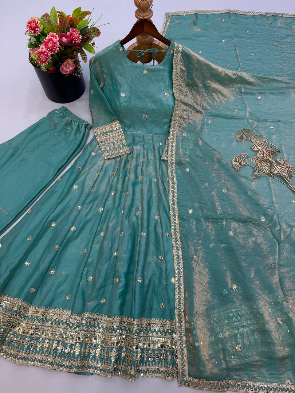 Designer Heavy Fendy Silk Gown Pant Dupatta Set