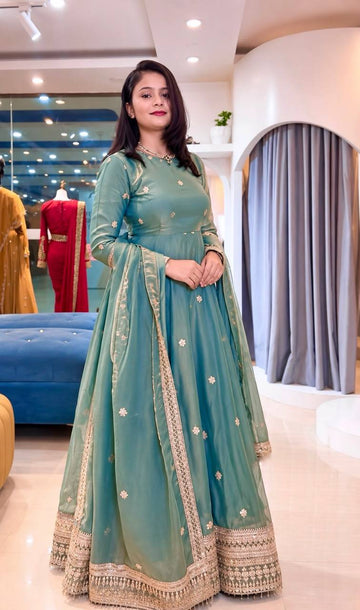 Designer Heavy Fendy Silk Gown Pant Dupatta Set