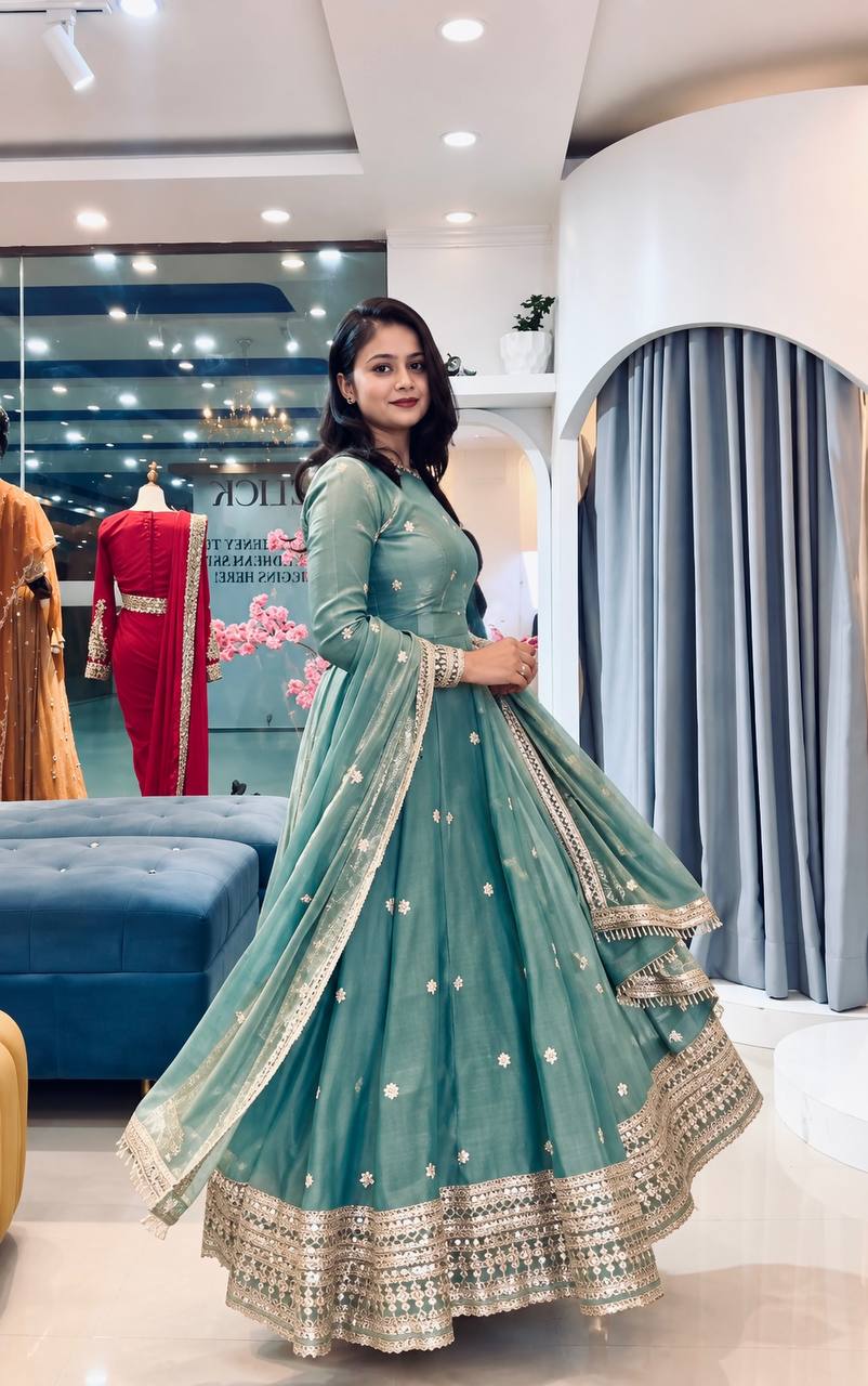 Designer Heavy Fendy Silk Gown Pant Dupatta Set