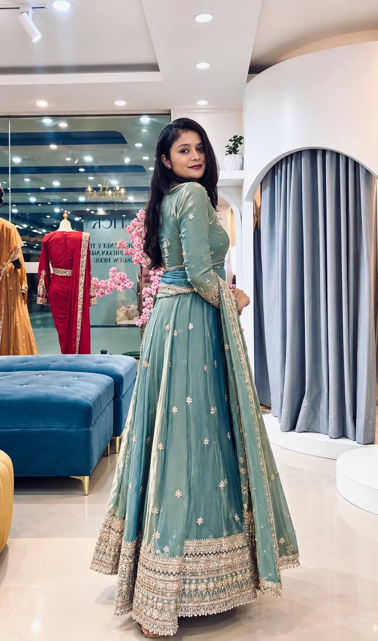 Designer Heavy Fendy Silk Gown Pant Dupatta Set