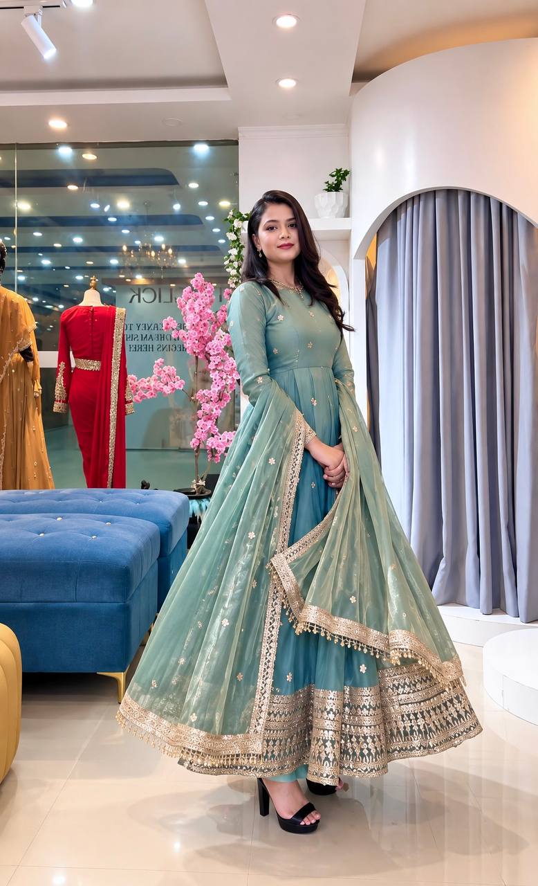 Designer Heavy Fendy Silk Gown Pant Dupatta Set