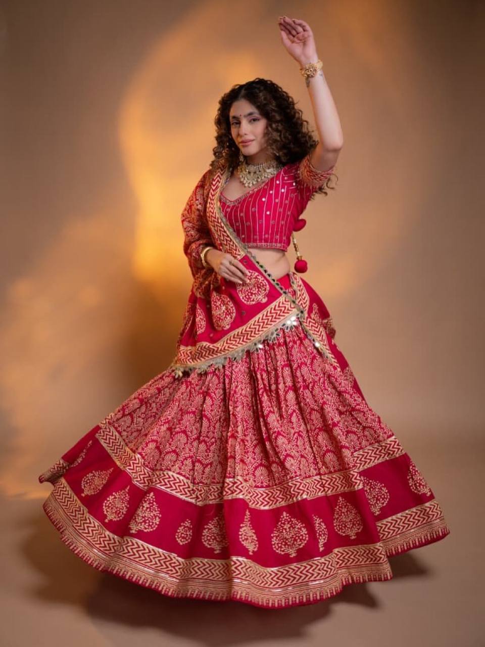 Printed Rayon Real Mirror Work Navratri Lehenga Set