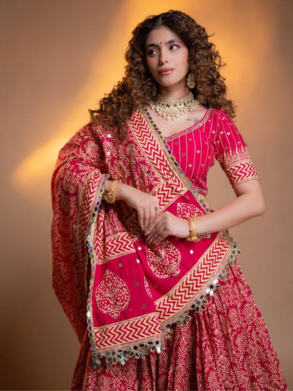 Printed Rayon Real Mirror Work Navratri Lehenga Set