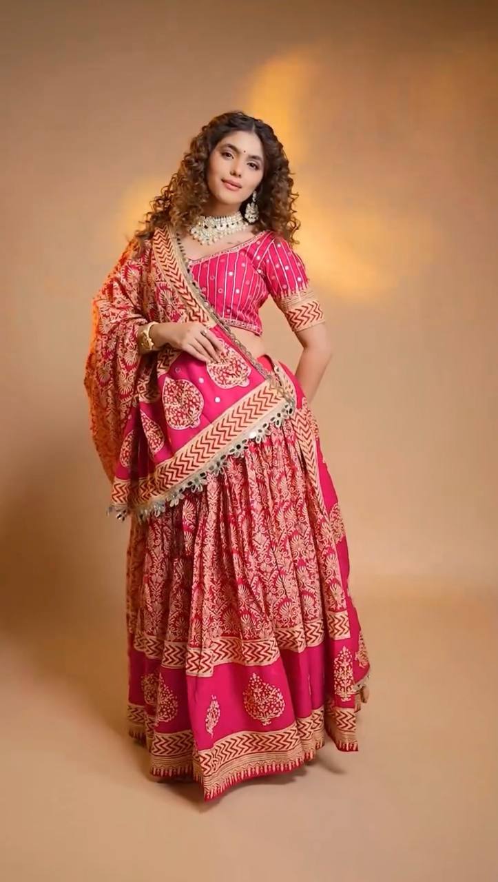 Printed Rayon Real Mirror Work Navratri Lehenga Set