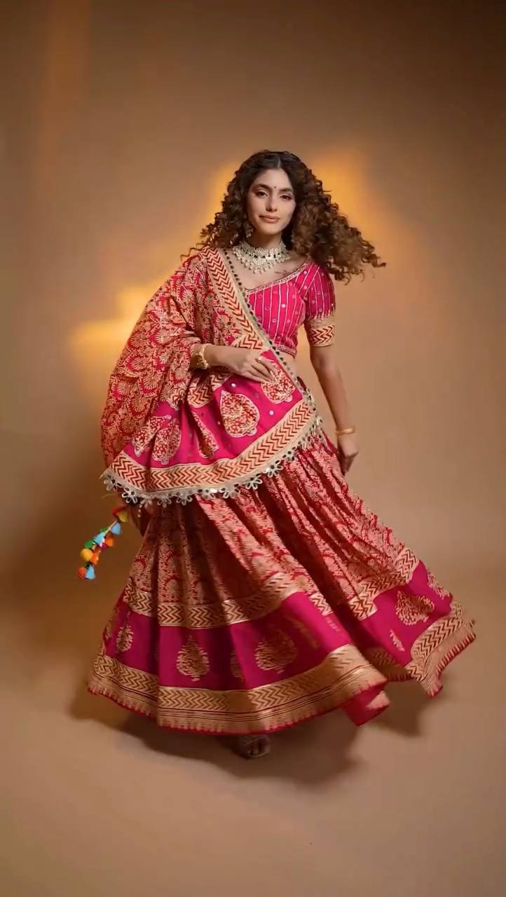 Printed Rayon Real Mirror Work Navratri Lehenga Set