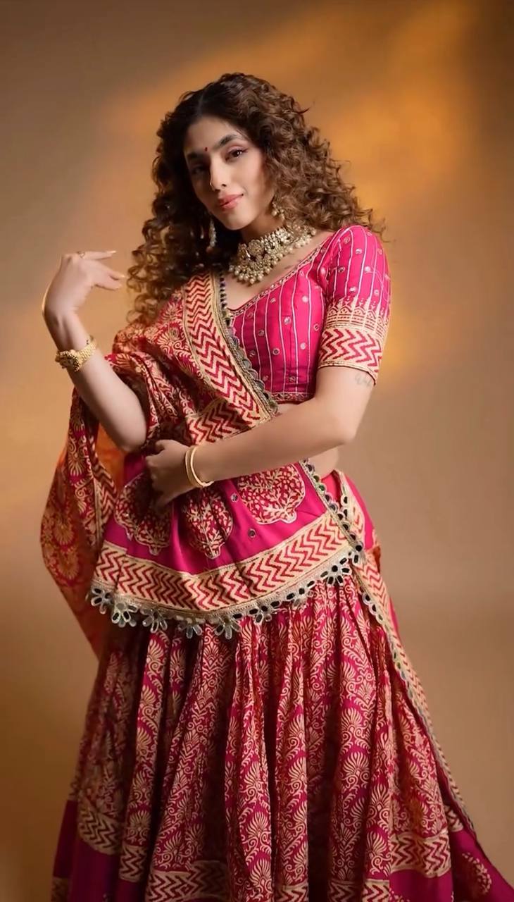 Printed Rayon Real Mirror Work Navratri Lehenga Set