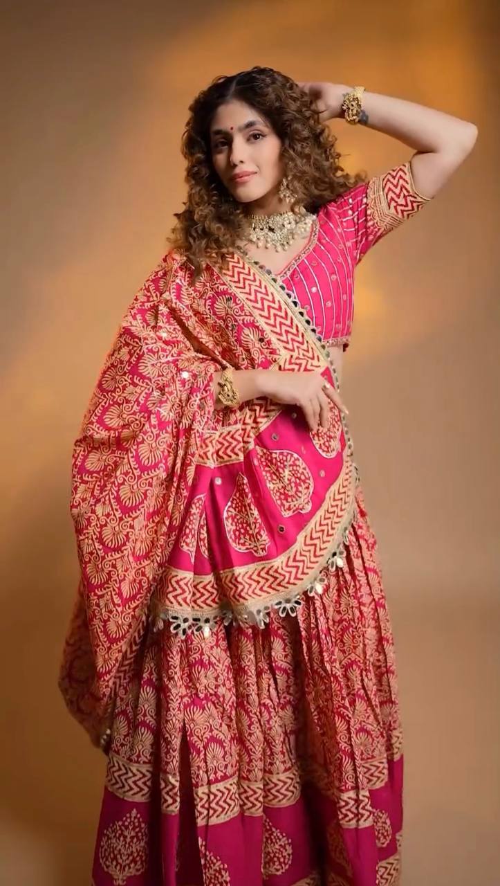 Printed Rayon Real Mirror Work Navratri Lehenga Set