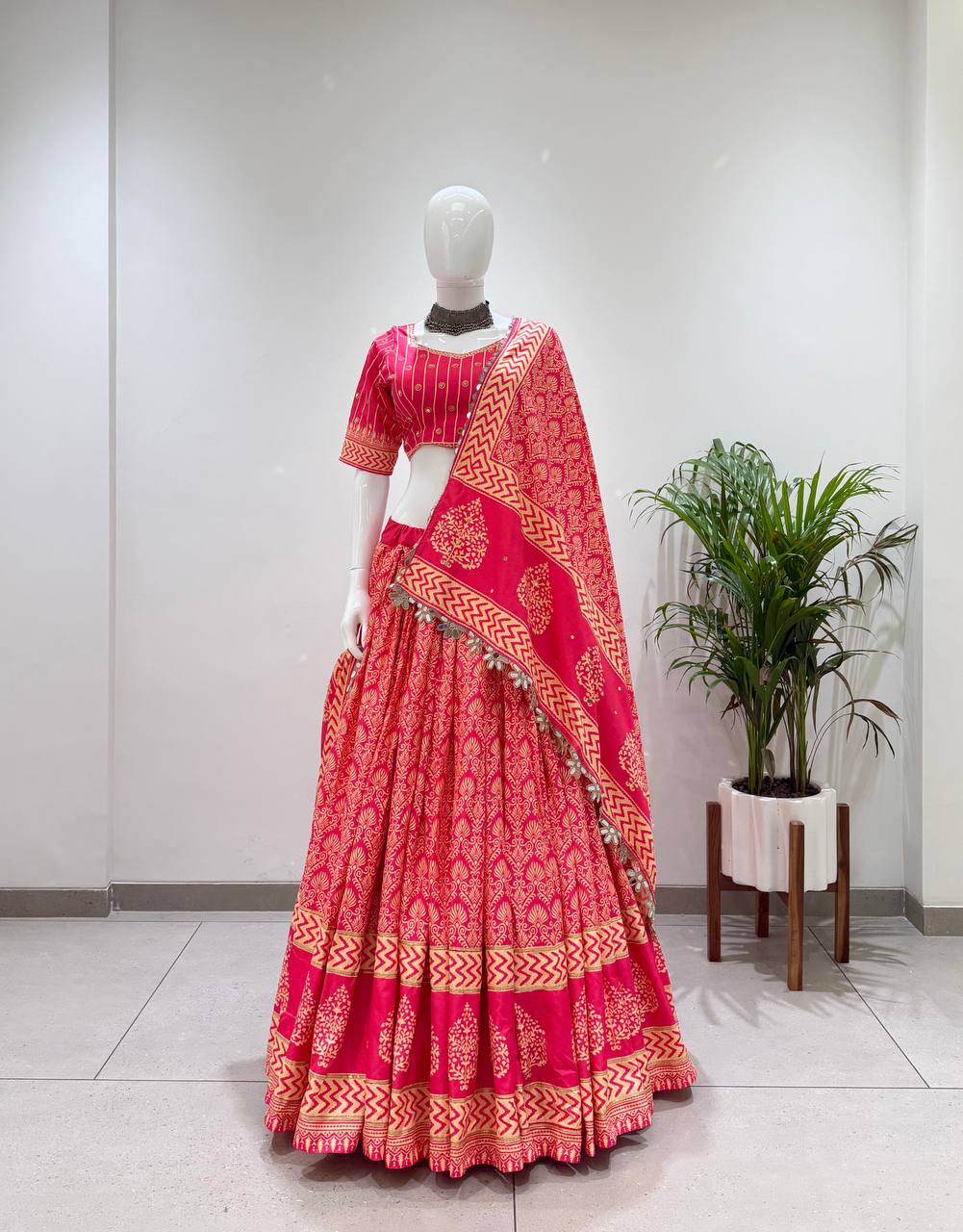 Printed Rayon Real Mirror Work Navratri Lehenga Set