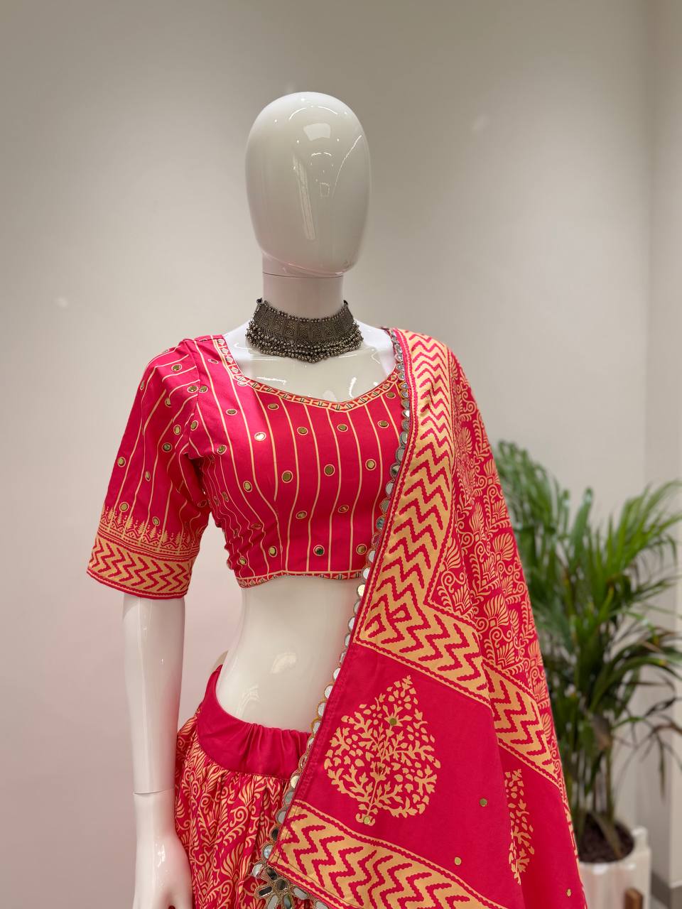 Printed Rayon Real Mirror Work Navratri Lehenga Set