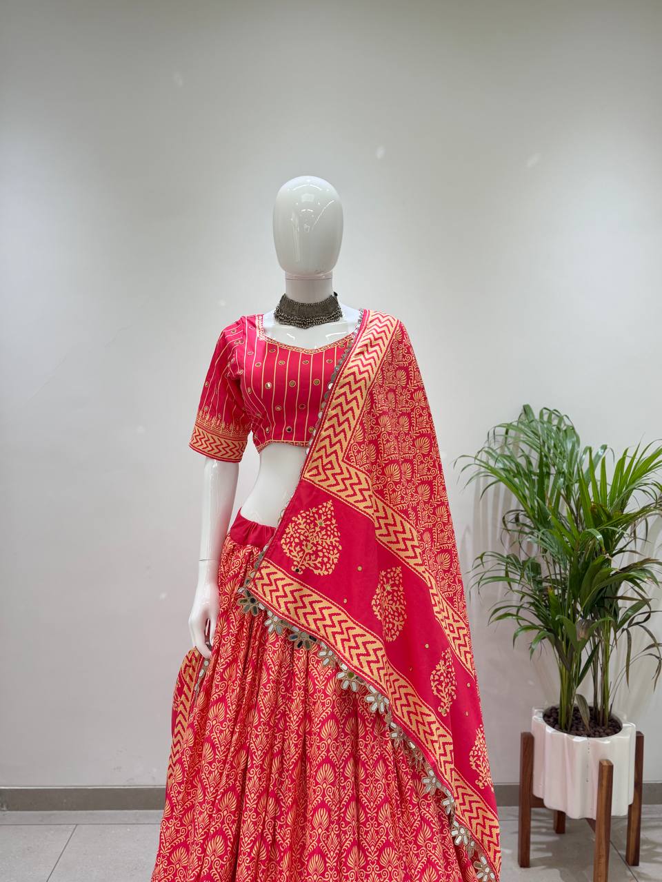 Printed Rayon Real Mirror Work Navratri Lehenga Set