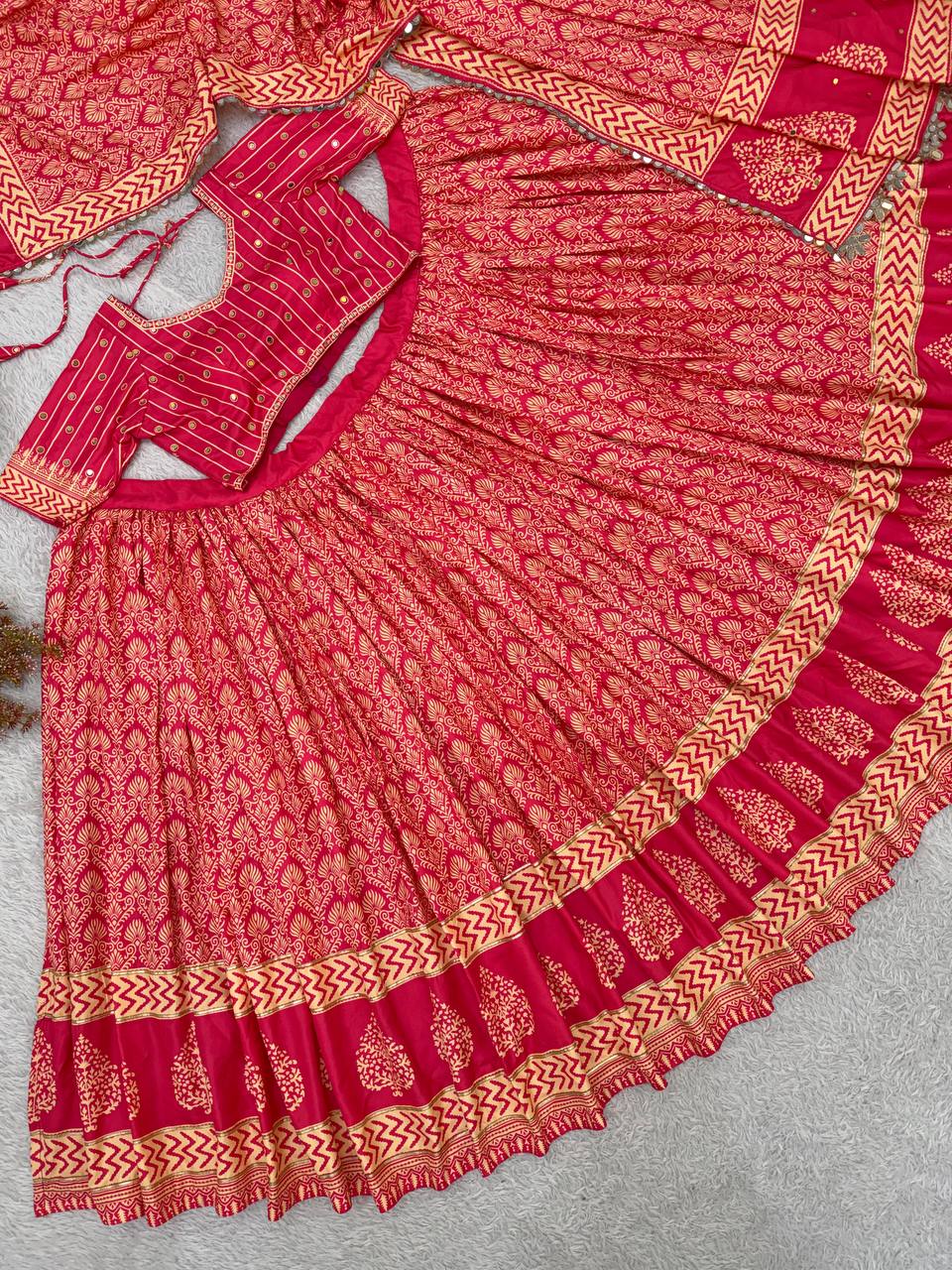 Printed Rayon Real Mirror Work Navratri Lehenga Set