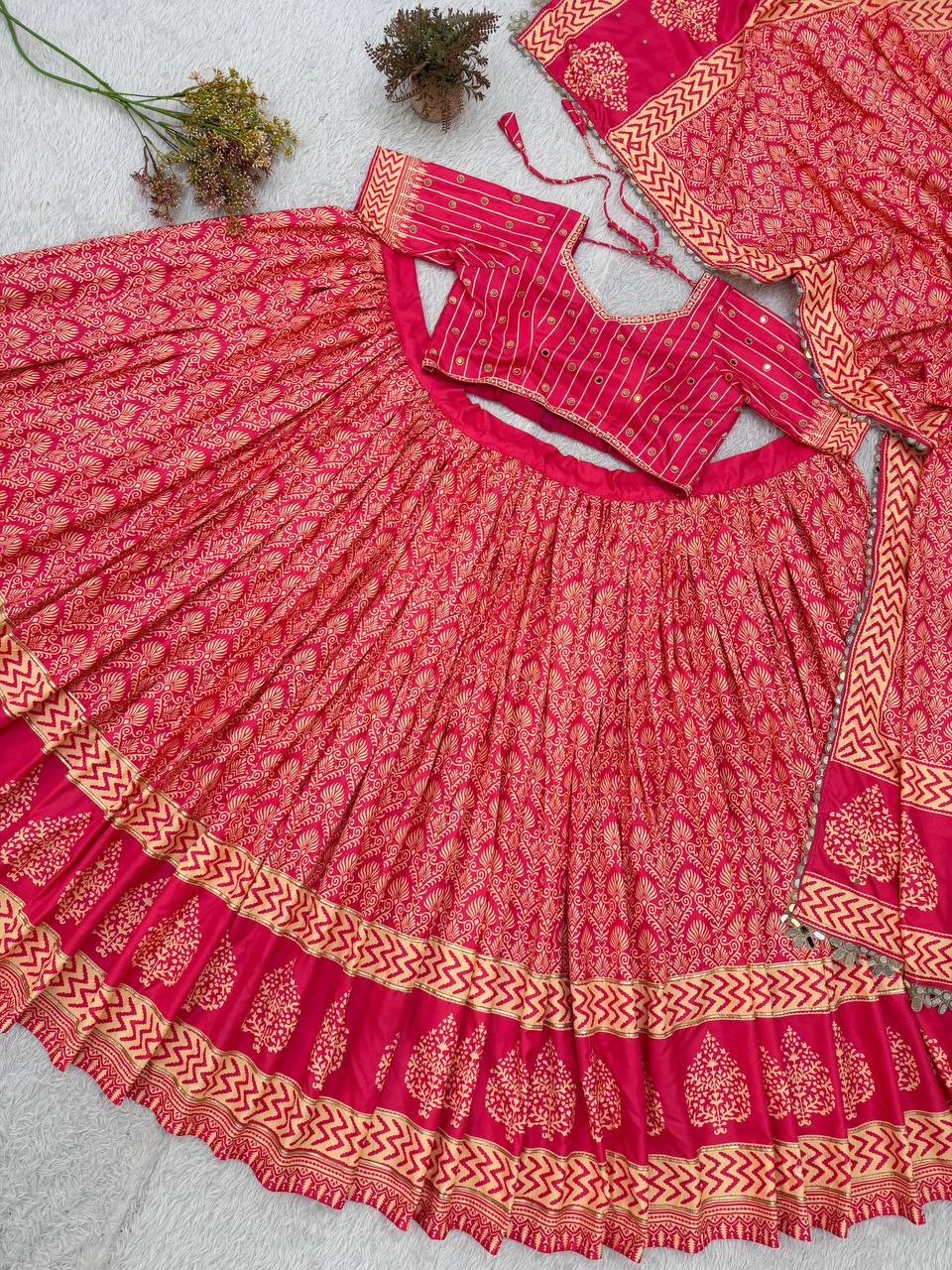 Printed Rayon Real Mirror Work Navratri Lehenga Set