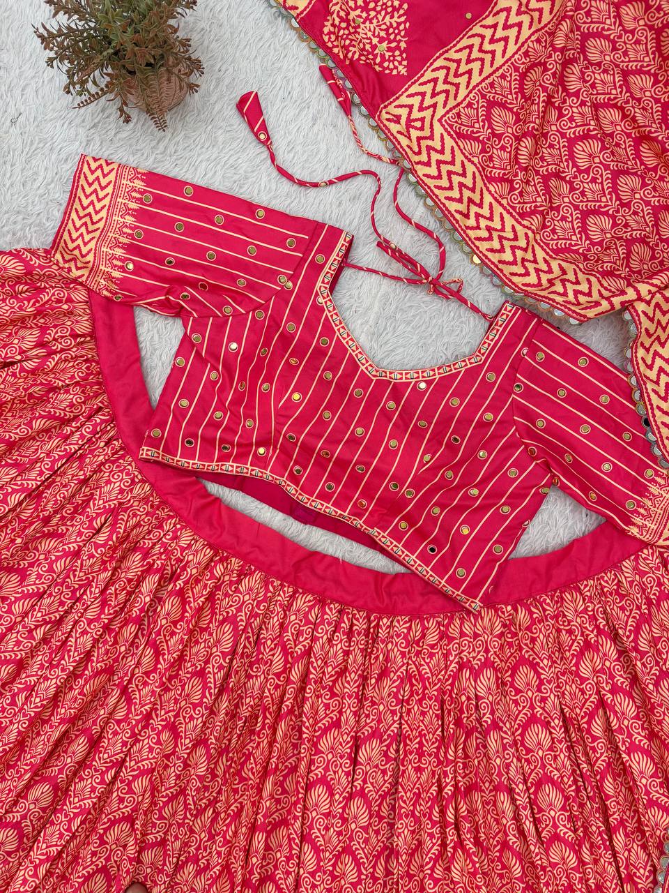 Printed Rayon Real Mirror Work Navratri Lehenga Set