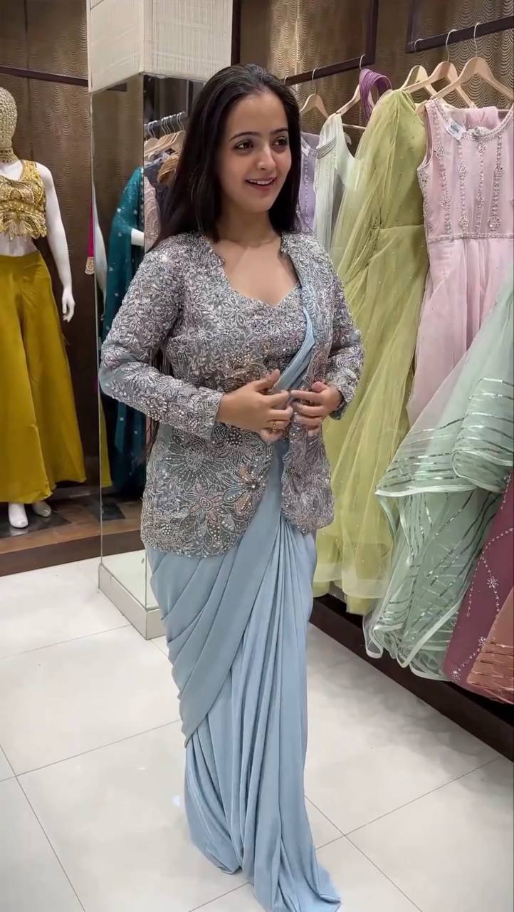 Ready-to-Wear Crepe Silk Saree With Jacket & Belt