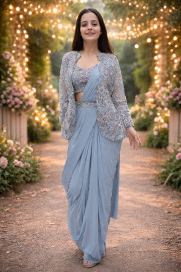Ready-to-Wear Crepe Silk Saree With Jacket & Belt