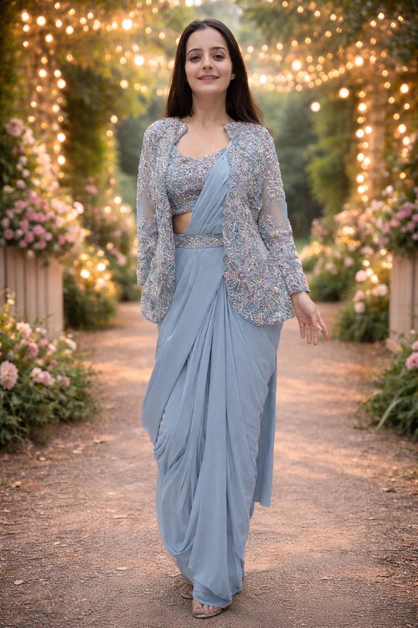 Ready-to-Wear Crepe Silk Saree With Jacket & Belt