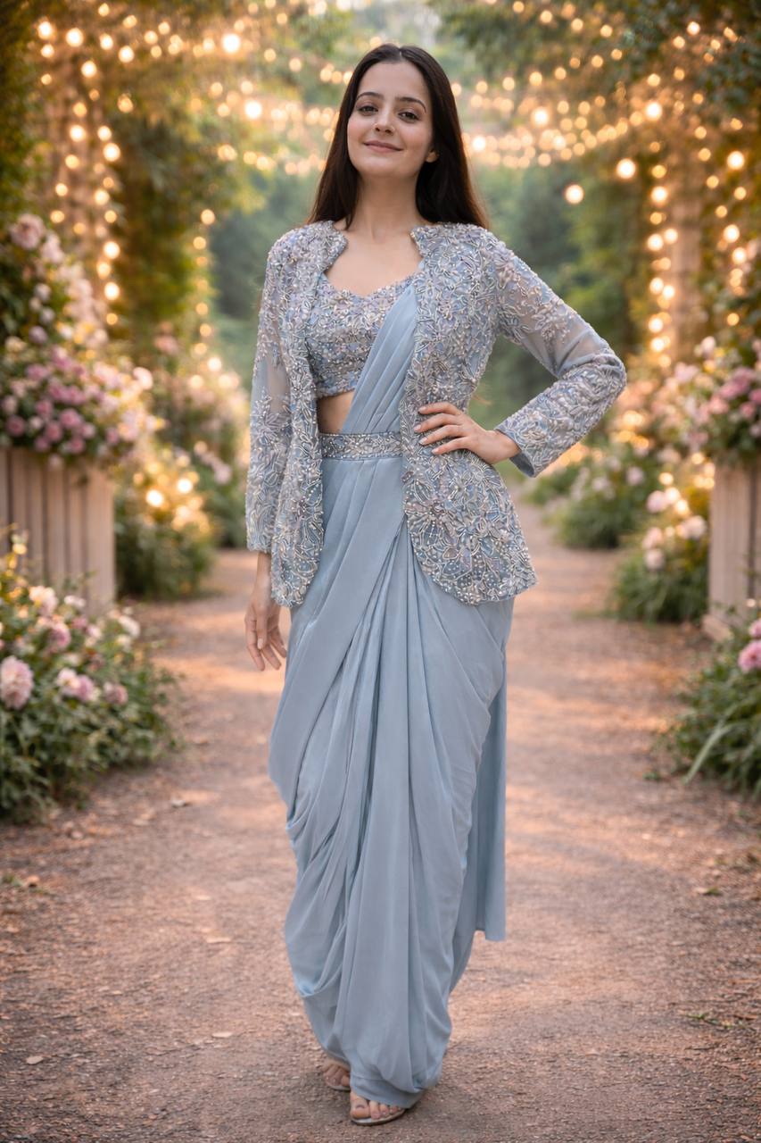 Ready-to-Wear Crepe Silk Saree With Jacket & Belt