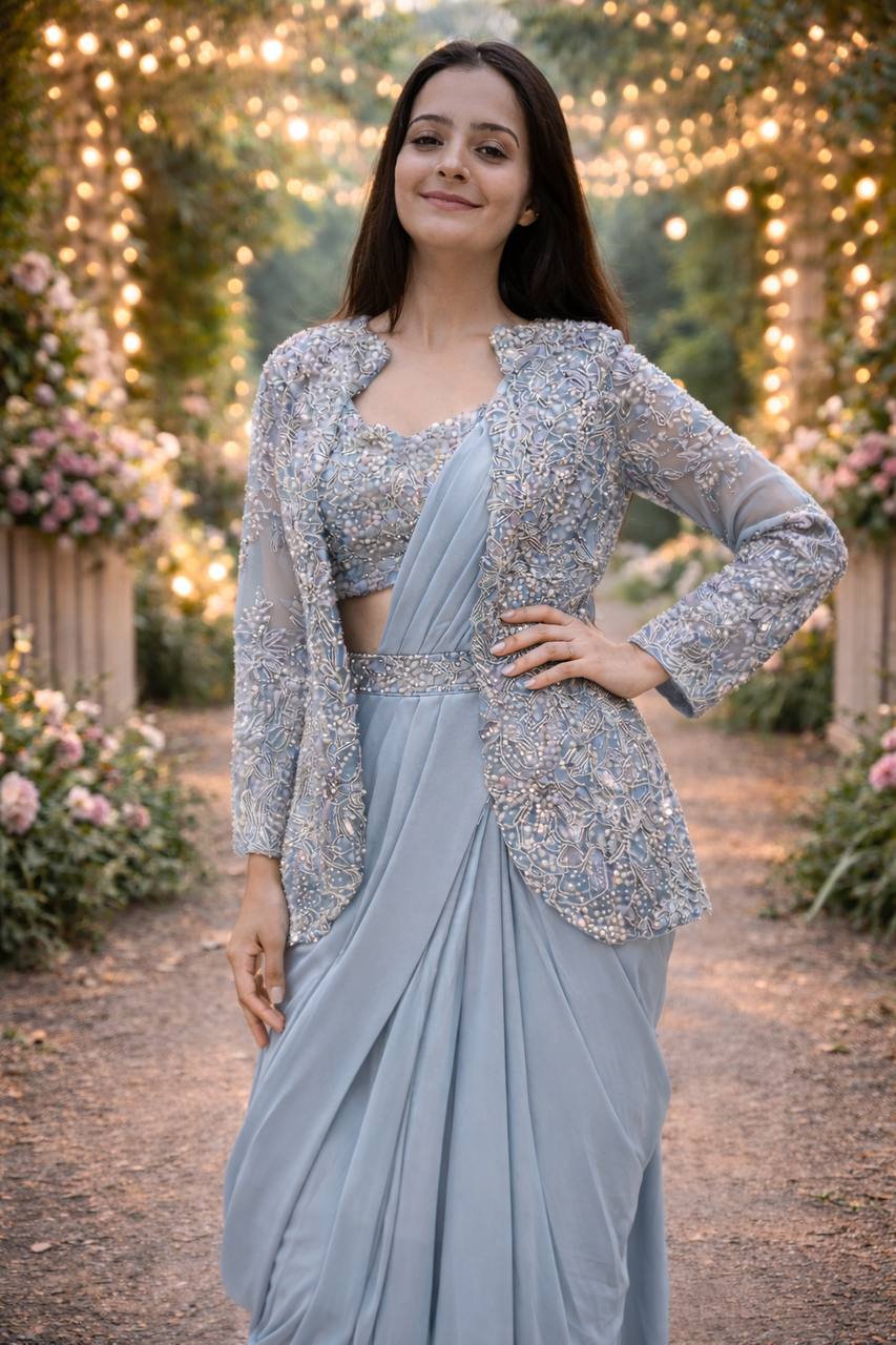 Ready-to-Wear Crepe Silk Saree With Jacket & Belt