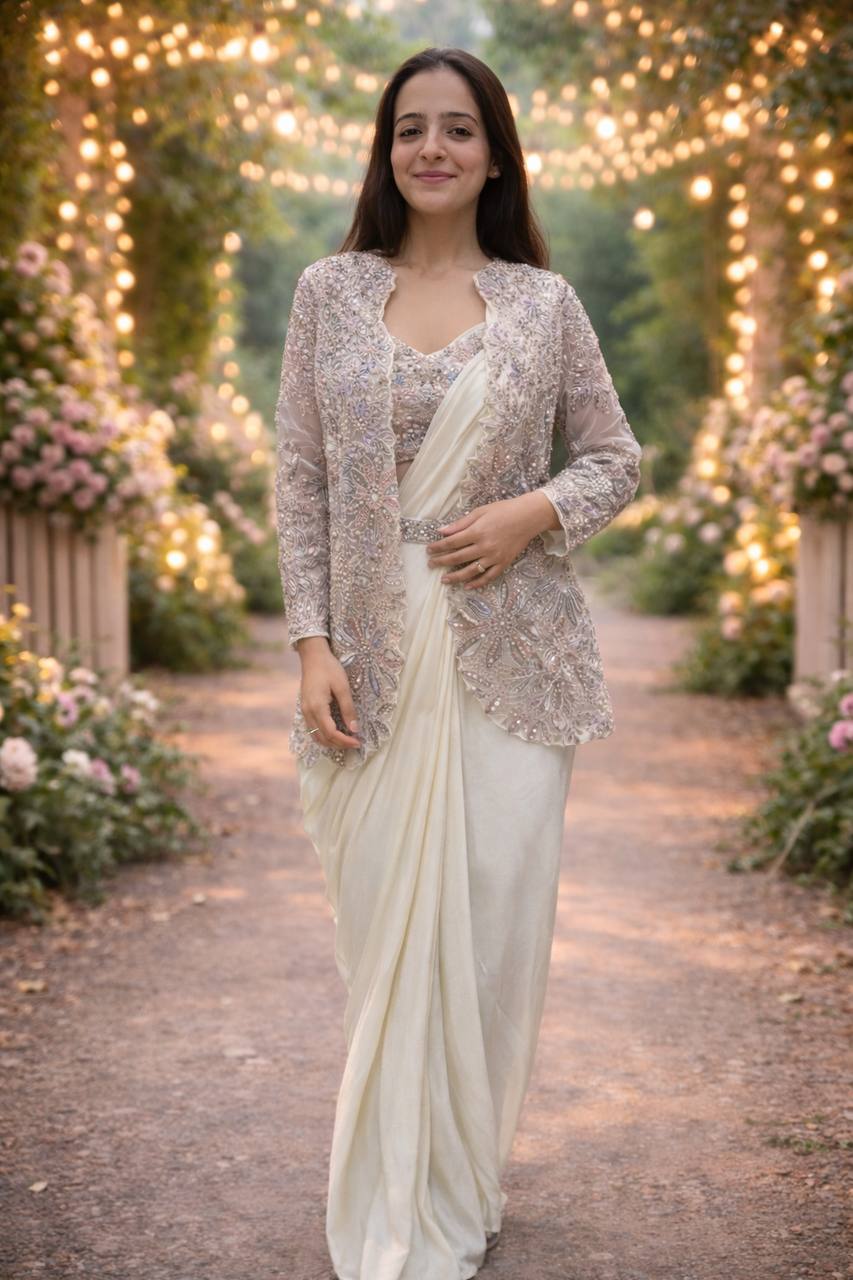 Ready-to-Wear Crepe Silk Saree With Jacket & Belt