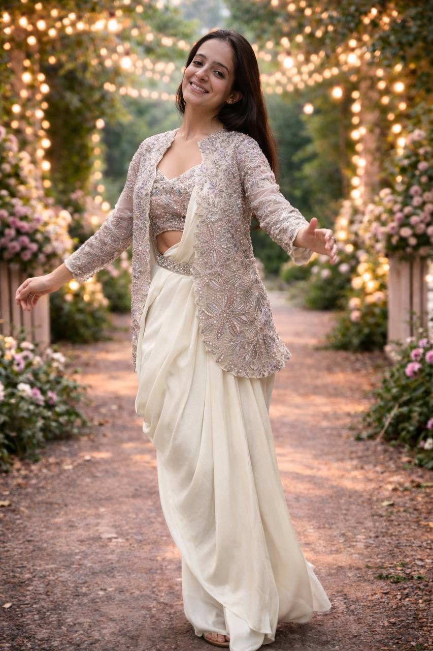 Ready-to-Wear Crepe Silk Saree With Jacket & Belt