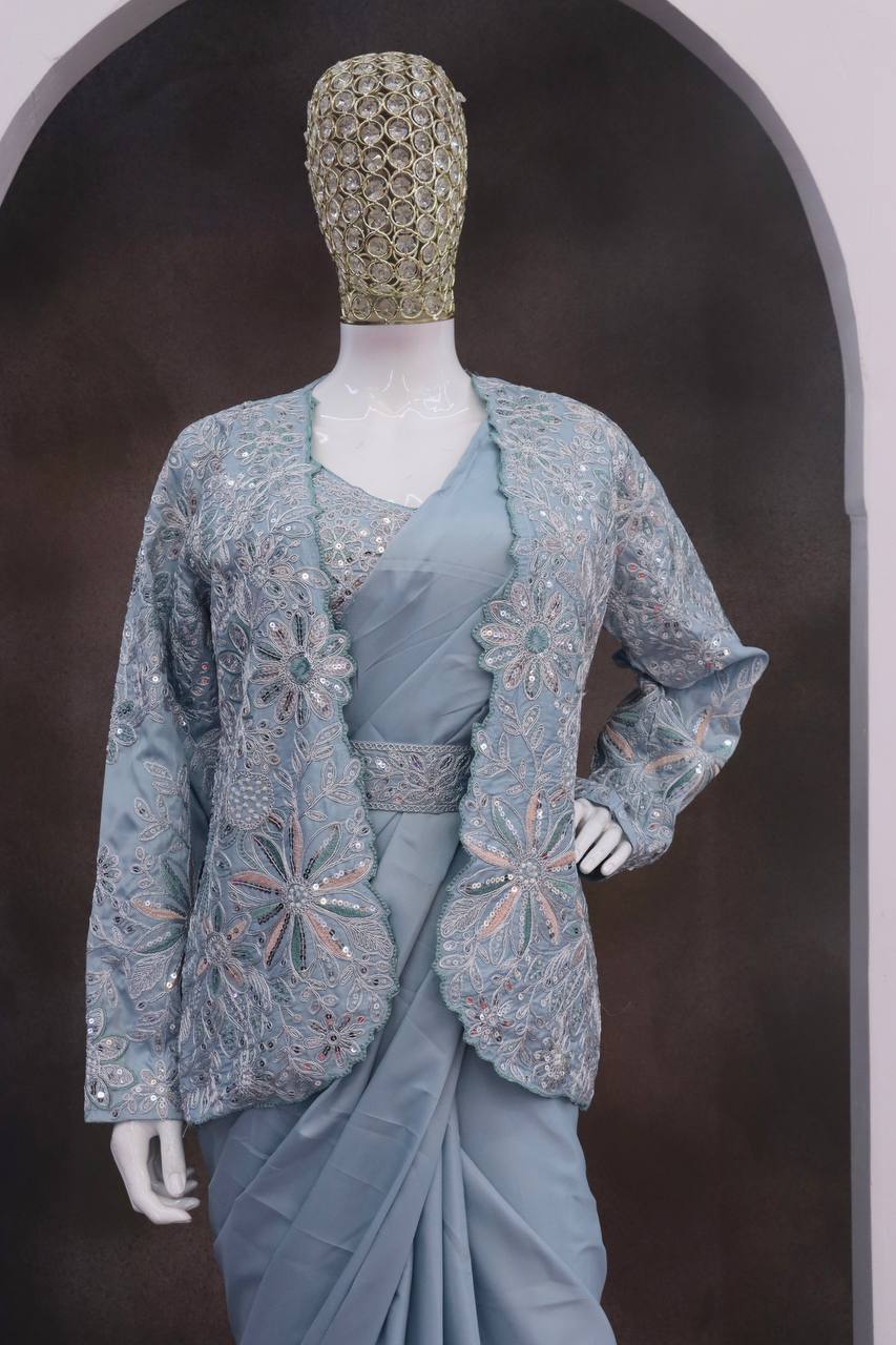Ready-to-Wear Crepe Silk Saree With Jacket & Belt
