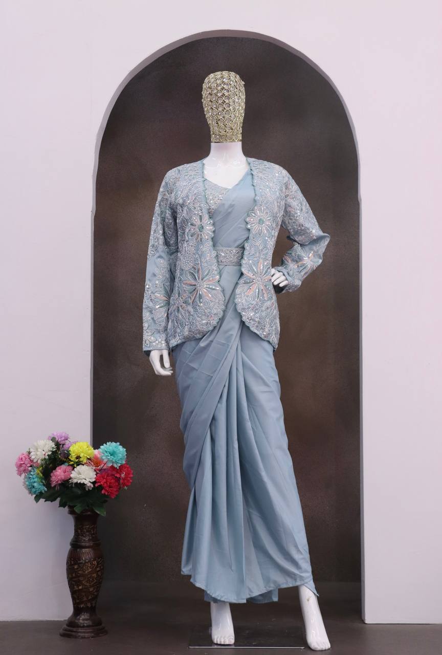 Ready-to-Wear Crepe Silk Saree With Jacket & Belt