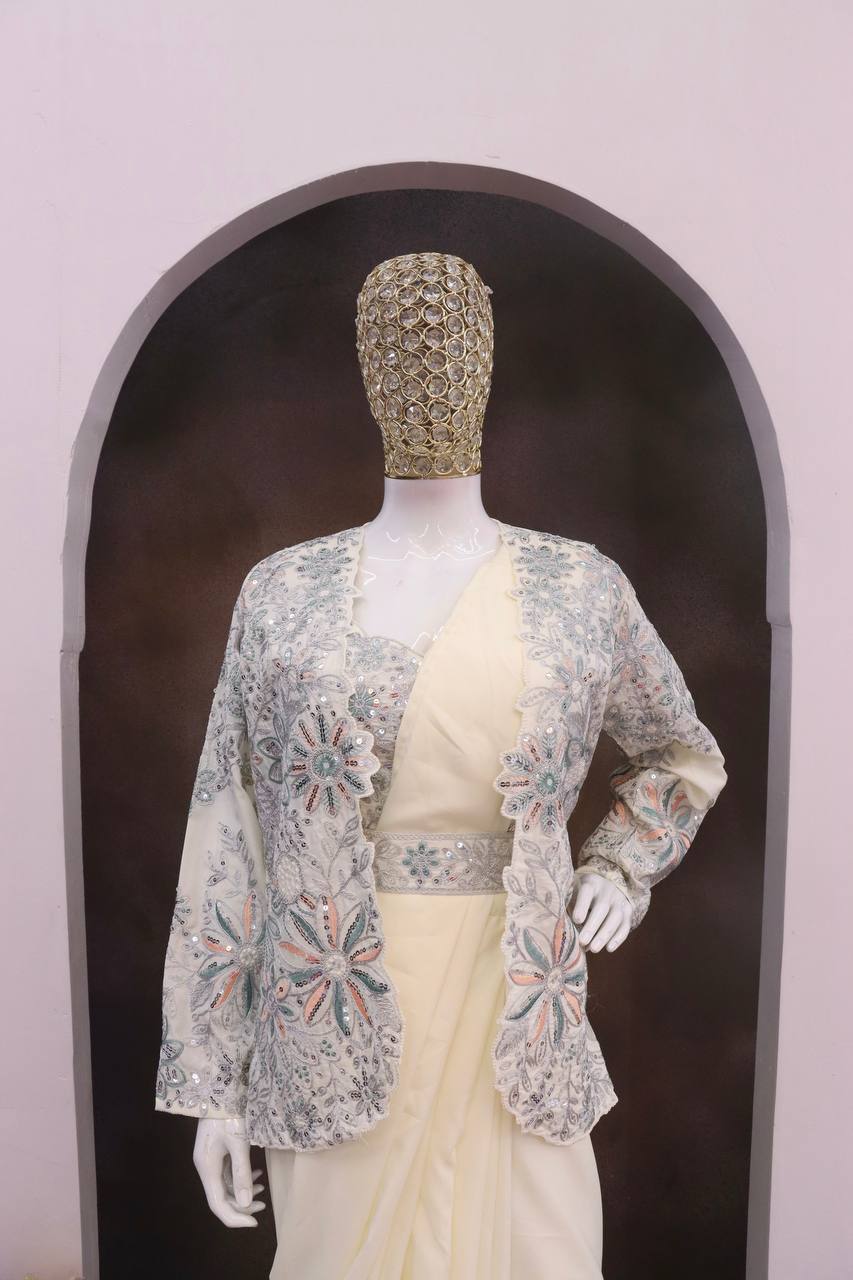 Ready-to-Wear Crepe Silk Saree With Jacket & Belt