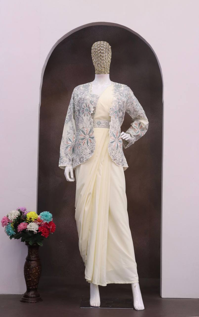 Ready-to-Wear Crepe Silk Saree With Jacket & Belt