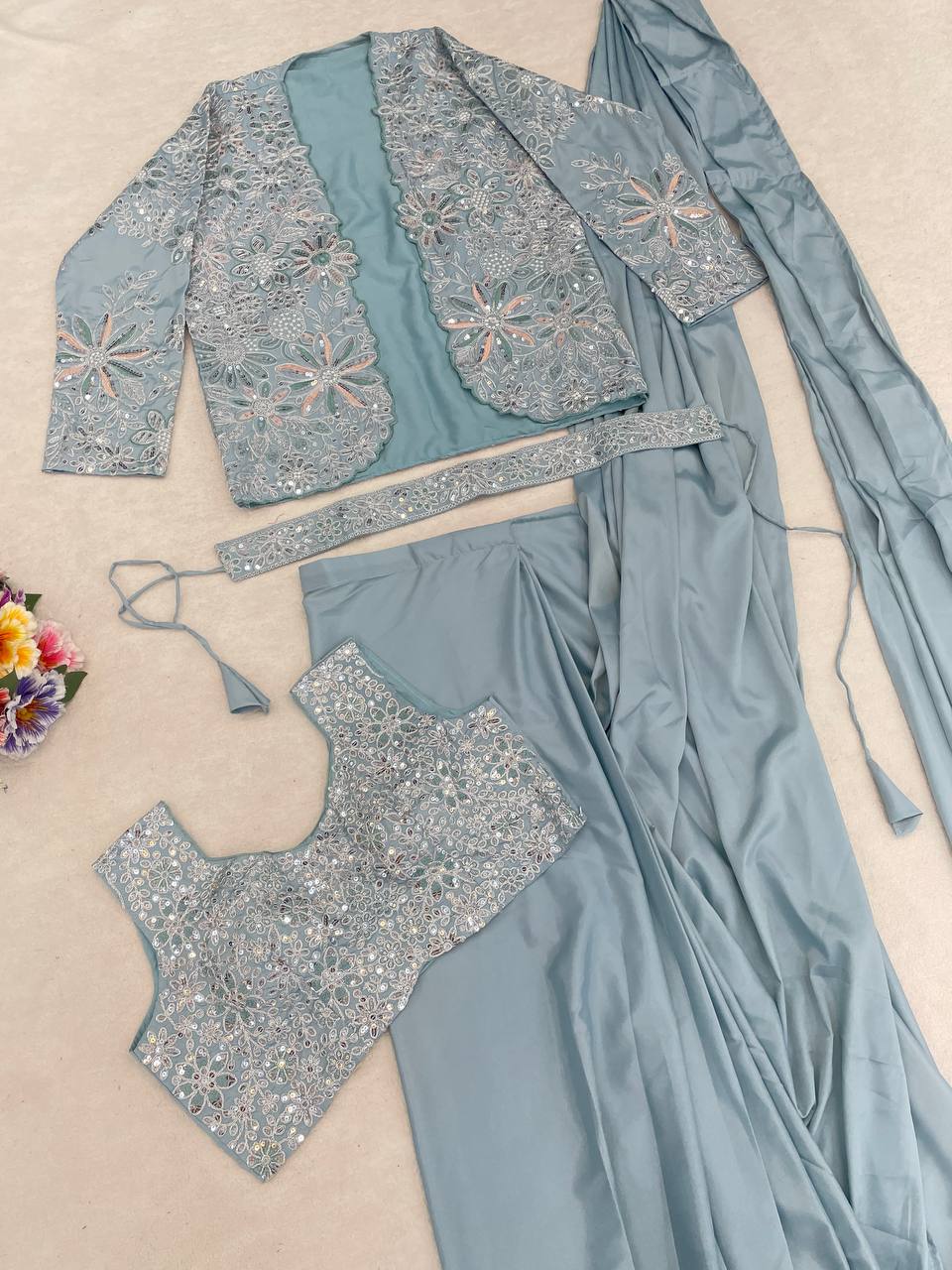 Ready-to-Wear Crepe Silk Saree With Jacket & Belt