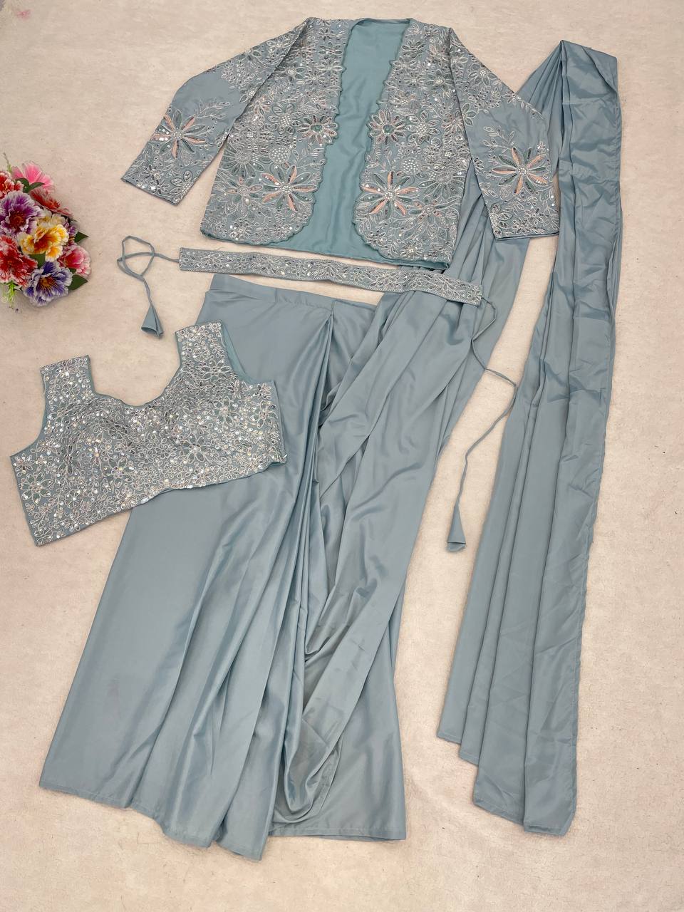 Ready-to-Wear Crepe Silk Saree With Jacket & Belt