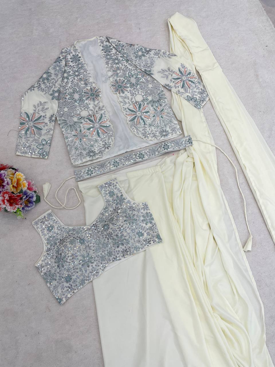 Ready-to-Wear Crepe Silk Saree With Jacket & Belt