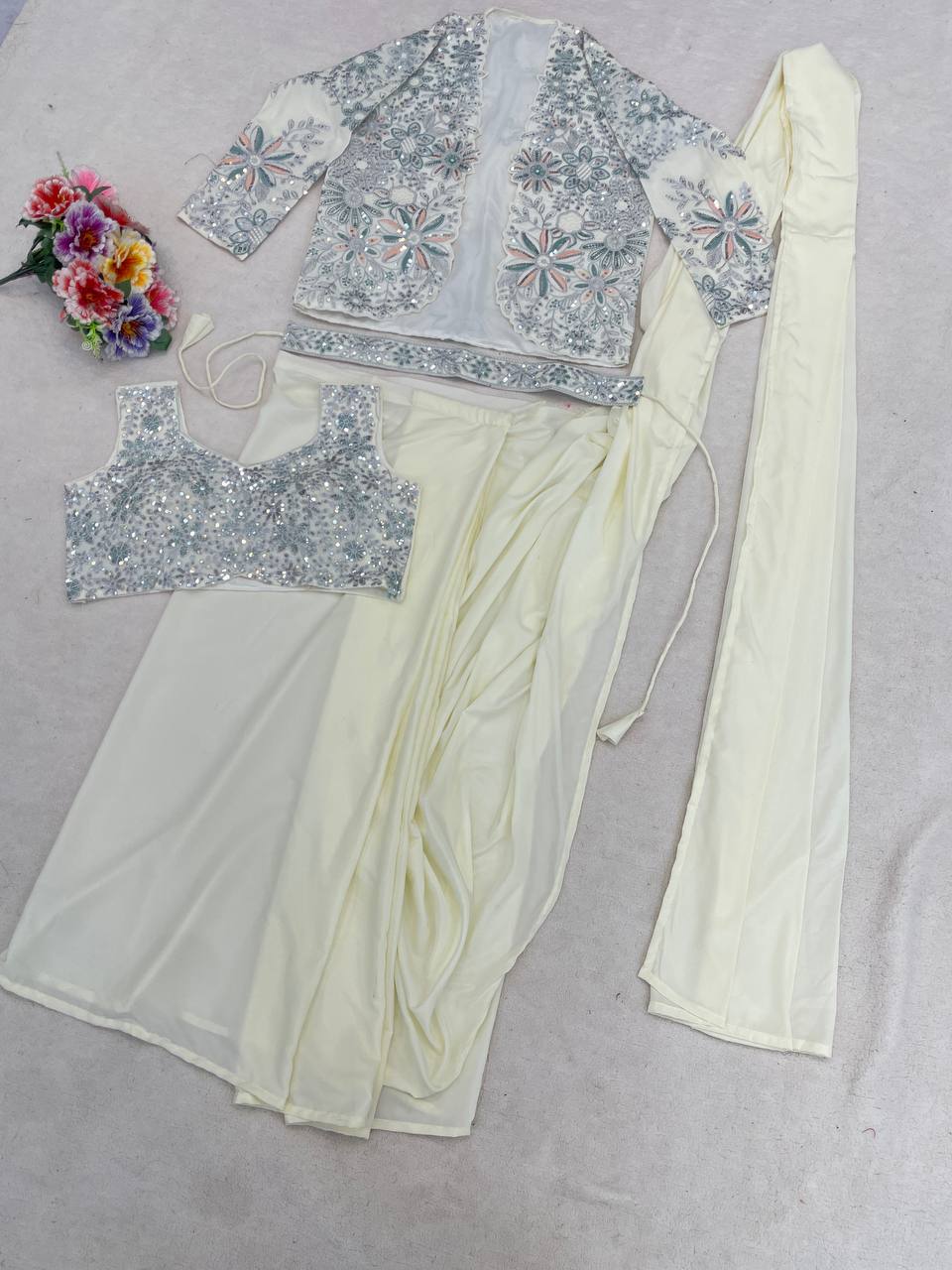 Ready-to-Wear Crepe Silk Saree With Jacket & Belt