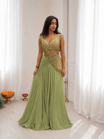 Heavy Chinon Silk Lehenga with Attached Net Pallu