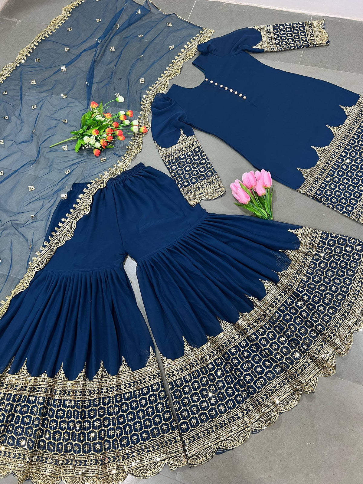 Georgette Sequence Work Sharara Suit Set