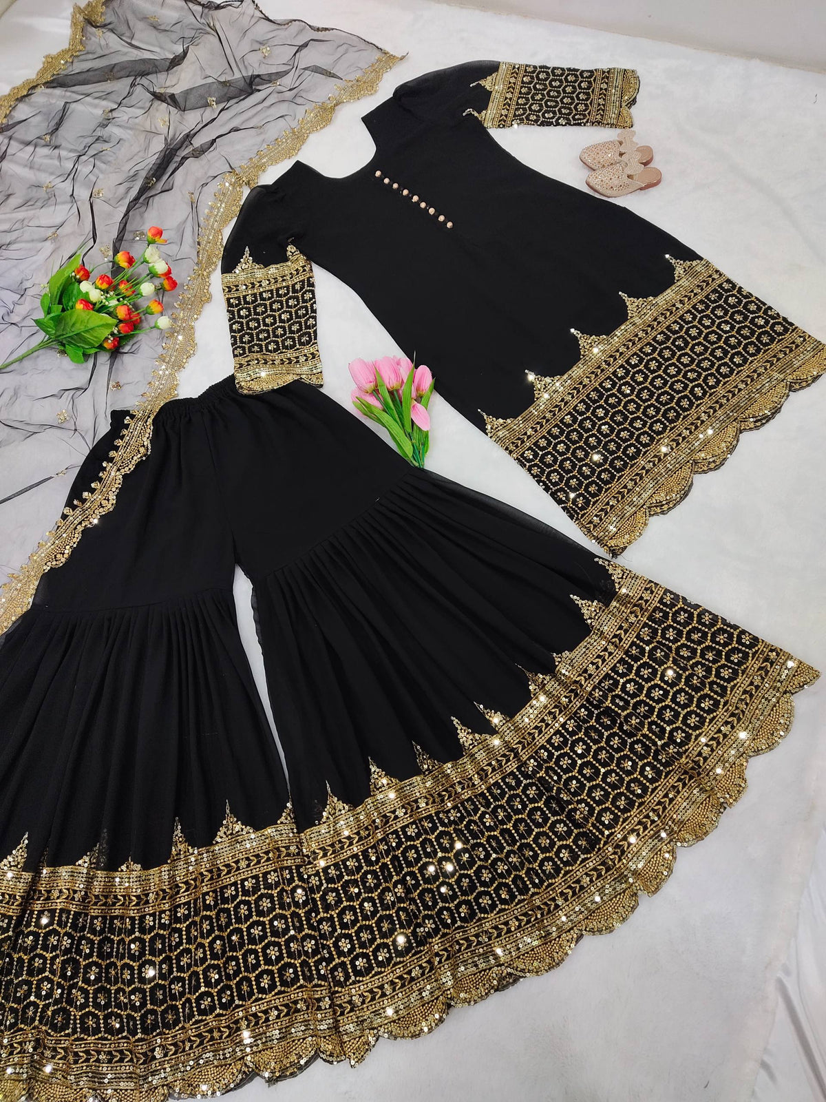 Georgette Sequence Work Sharara Suit Set