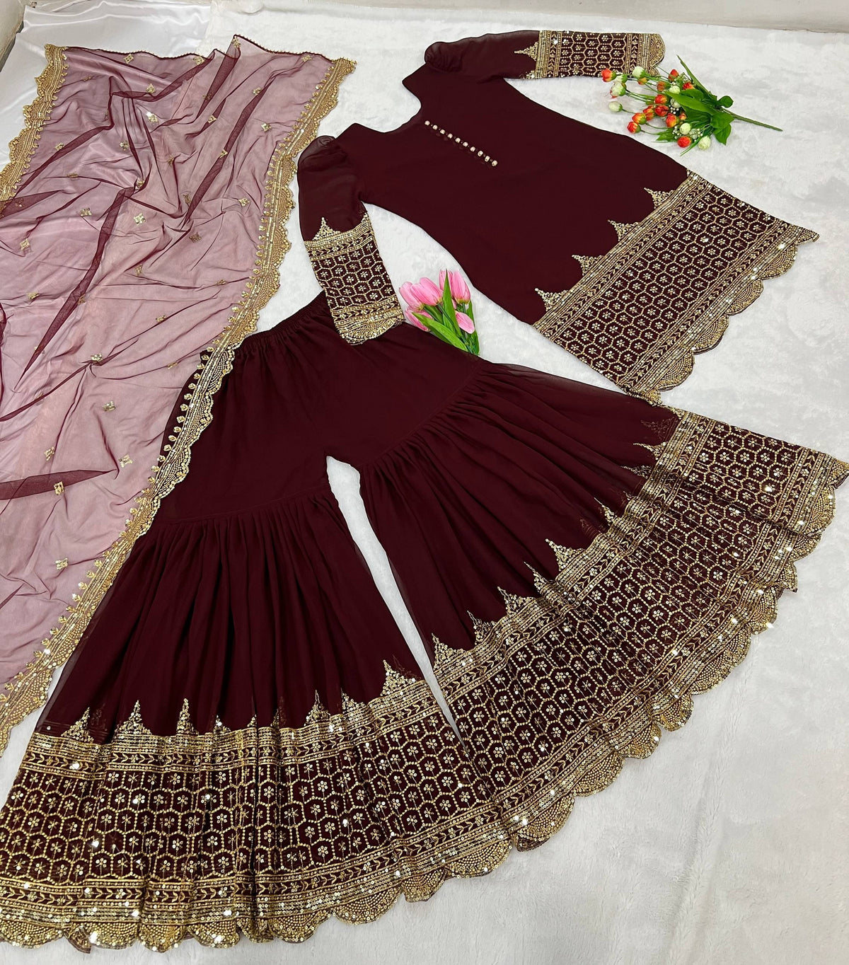 Georgette Sequence Work Sharara Suit Set