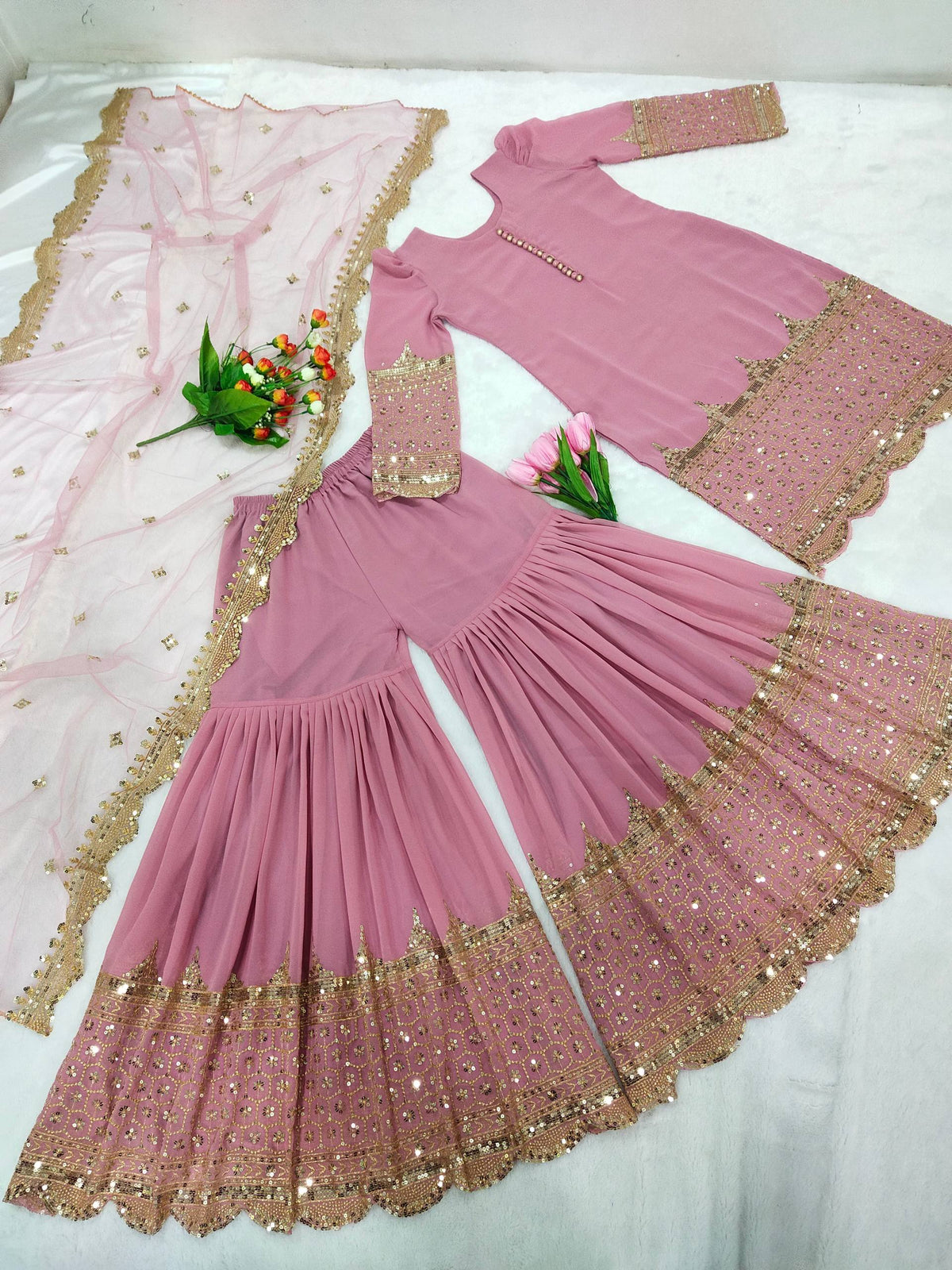 Georgette Sequence Work Sharara Suit Set