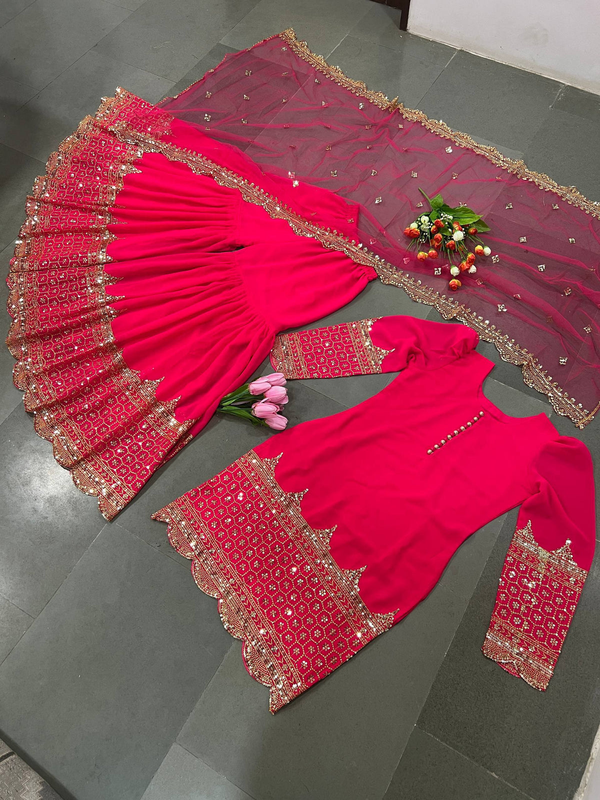 Georgette Sequence Work Sharara Suit Set