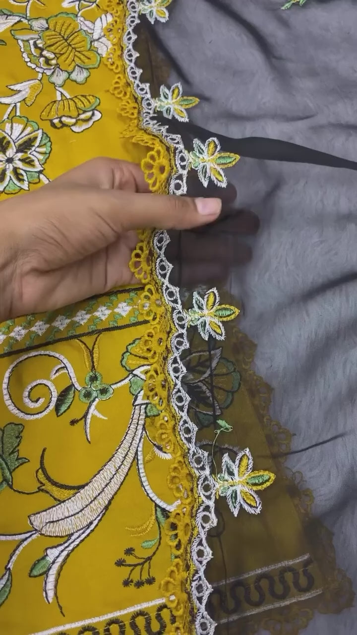 Mustard Yellow Roman Silk Embroidered Kurti & Plazzo Set with Georgette Dupatta