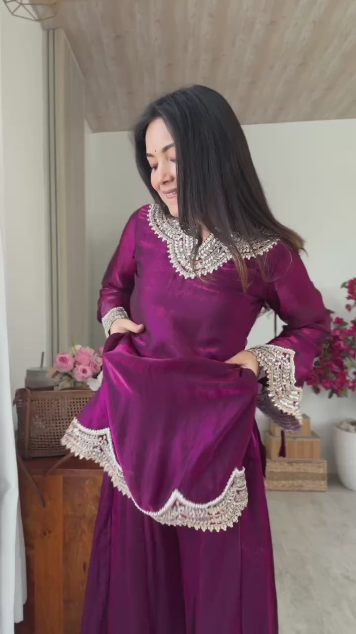 Designer Fendy Silk Mirror Work Sharara Set