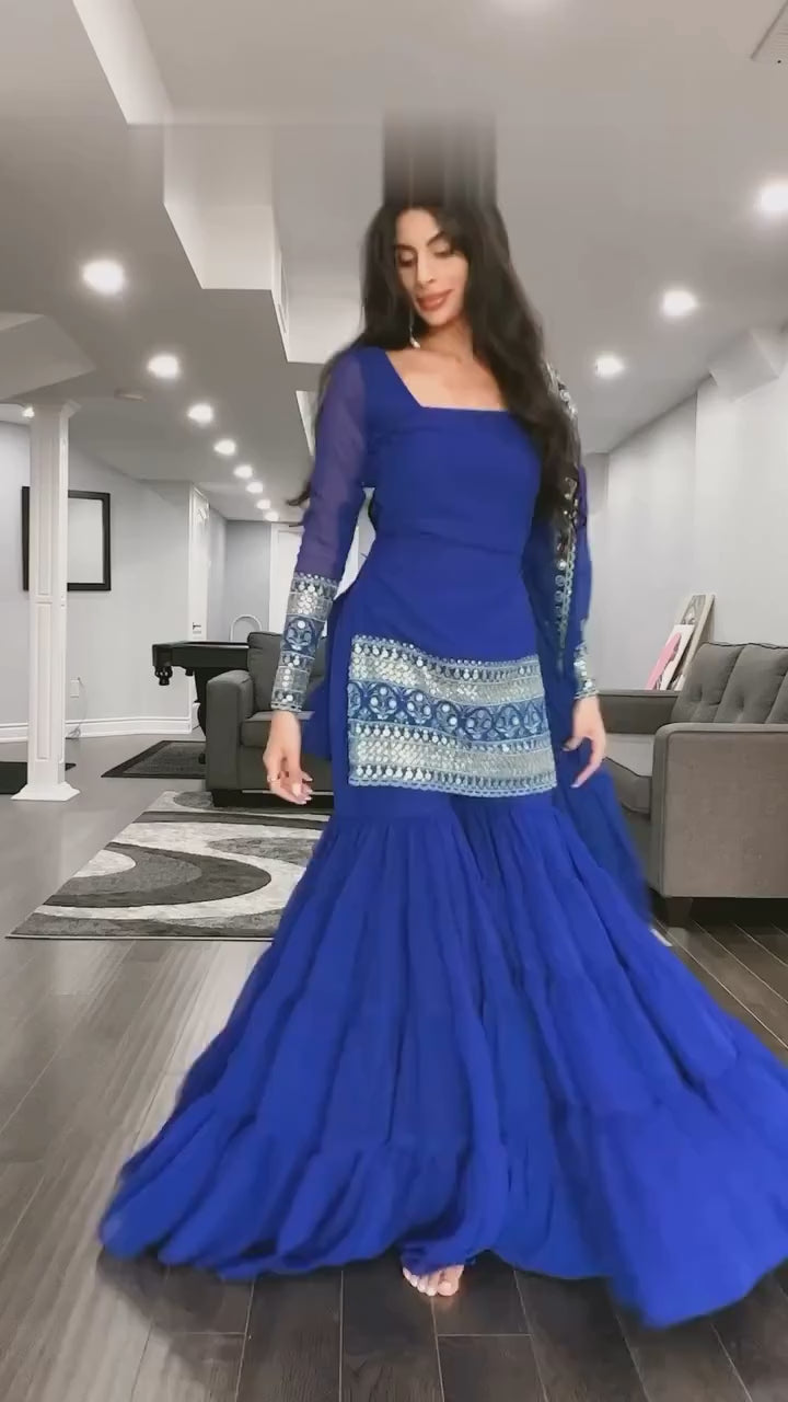 Festive Designer 3-Layer Ruffle Sharara Set With Sequins Dupatta