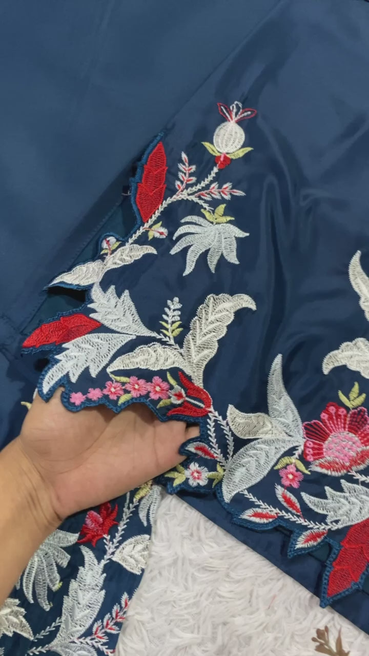 Royal Blue French Crepe Embroidered Co-Ord Set with Palazzo