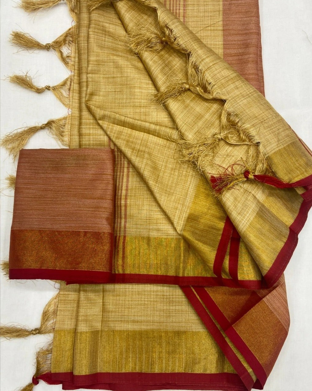Elegant Beige Soft Tissue Saree with Red Border & Matching Blouse Piece