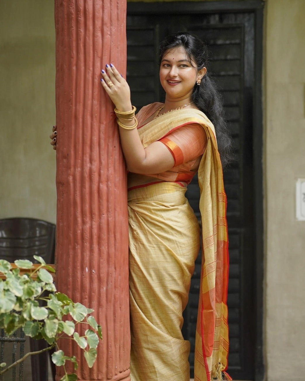 Elegant Beige Soft Tissue Saree with Red Border & Matching Blouse Piece